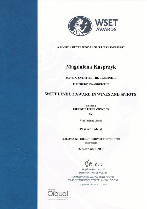 wset wine award certificate Magda