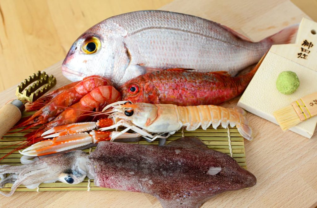 fresh fish for sushi is presented